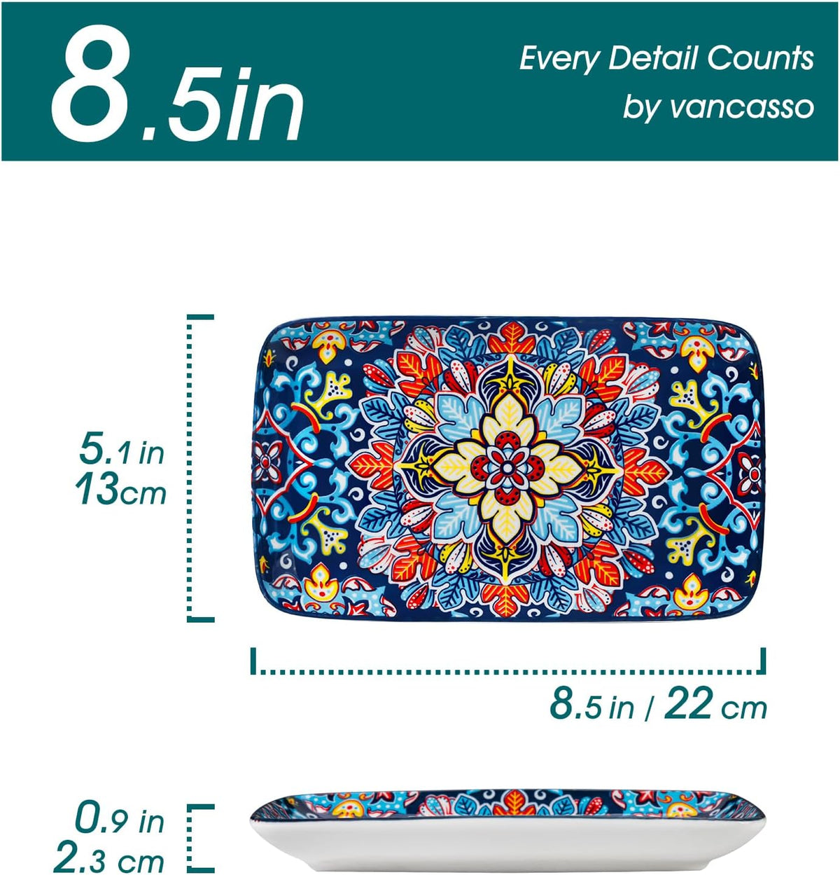 vancasso Simi 6-Piece Rectangular Ceramic Plates Set, 8.5" x 5.1" Small Dessert & Sushi Plates, Bohemian Appetizer Serving Plates, Microwave & Oven Safe Porcelain Plates