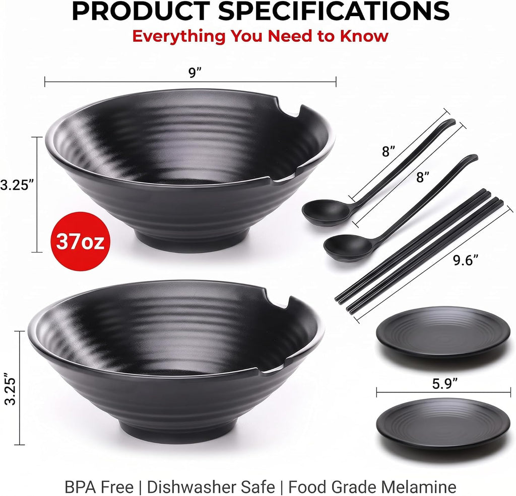 Unbreakable Japanese Style Ramen Bowl Set of 2, 37oz Black Large Matte Melamine Bowls and Spoons Set with Chopsticks & Saucers for Pho Thai Miso Udon Soup Noodles or Asian Food