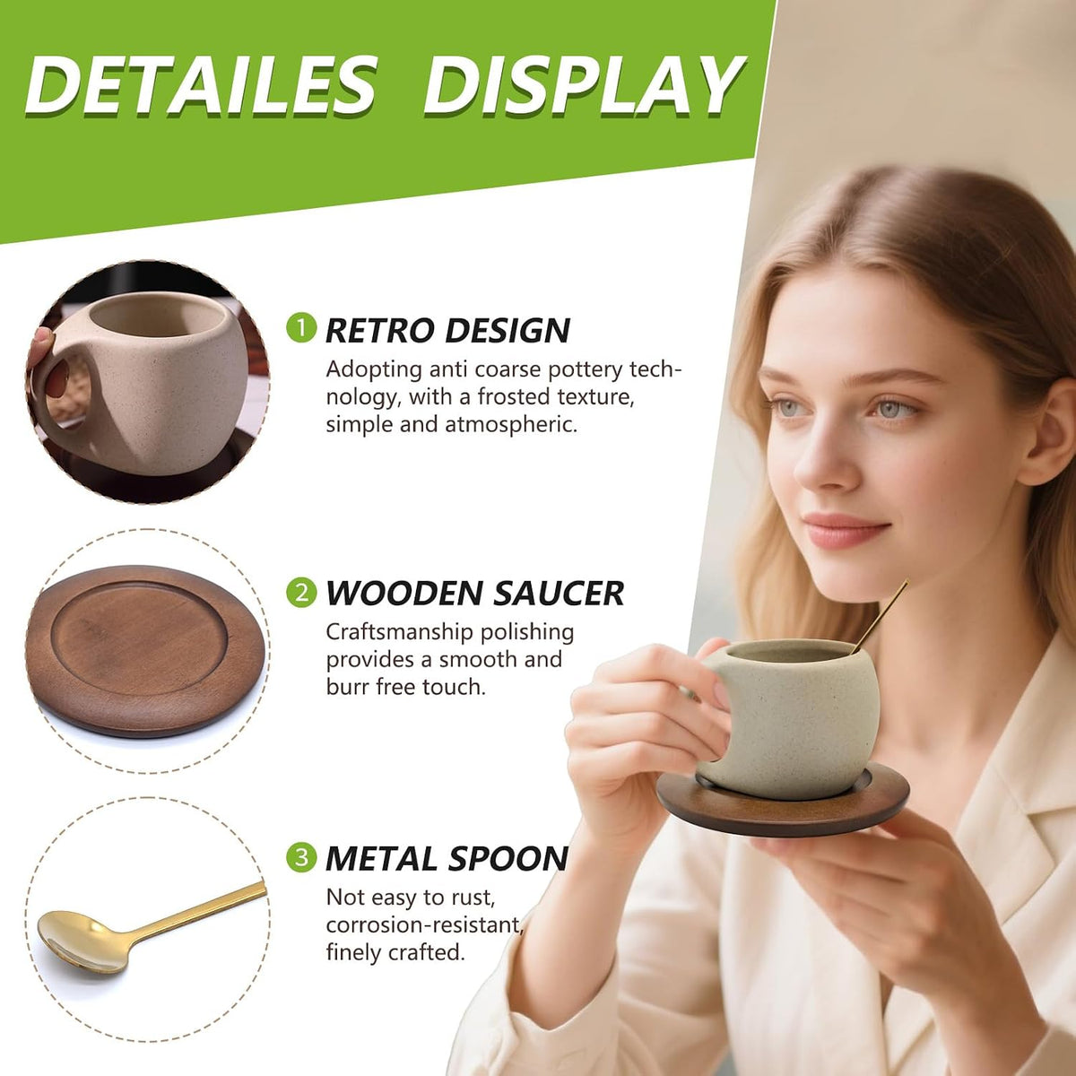 Ceramic Coffee Mug with Natural Wood Saucer & Spoon, 8.5oz Rustic Drinkware