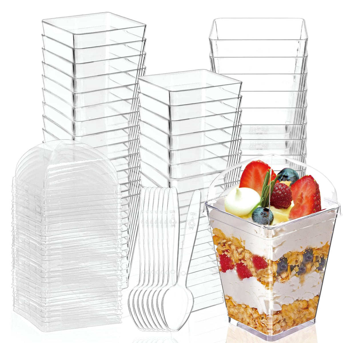 Hiasobre 5 oz Plastic Dessert Cups with Lids and Spoons, 50 Pack
