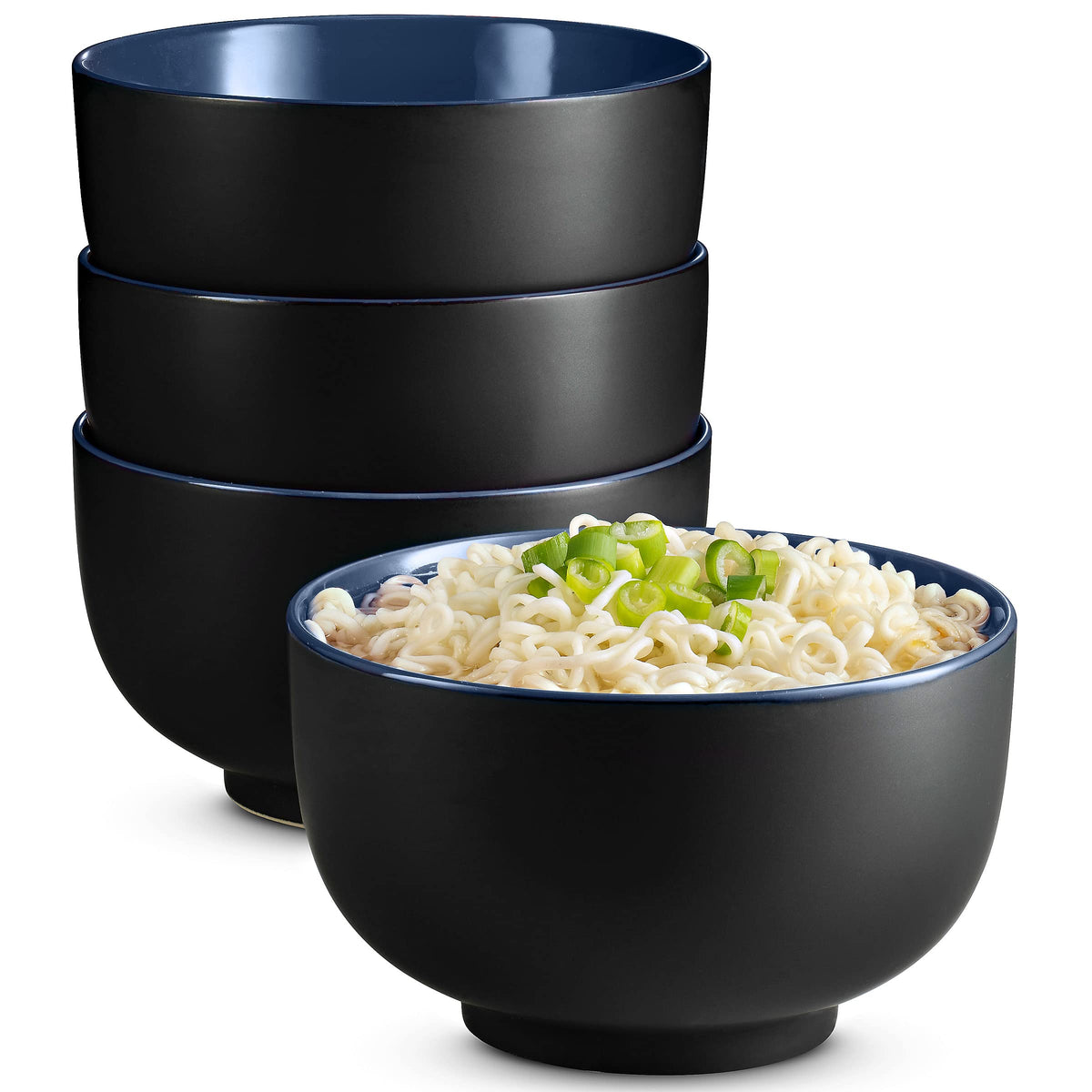 KooK Ceramic Japanese Noodle Bowl Set, 34 oz, Set of 4, Black/Red