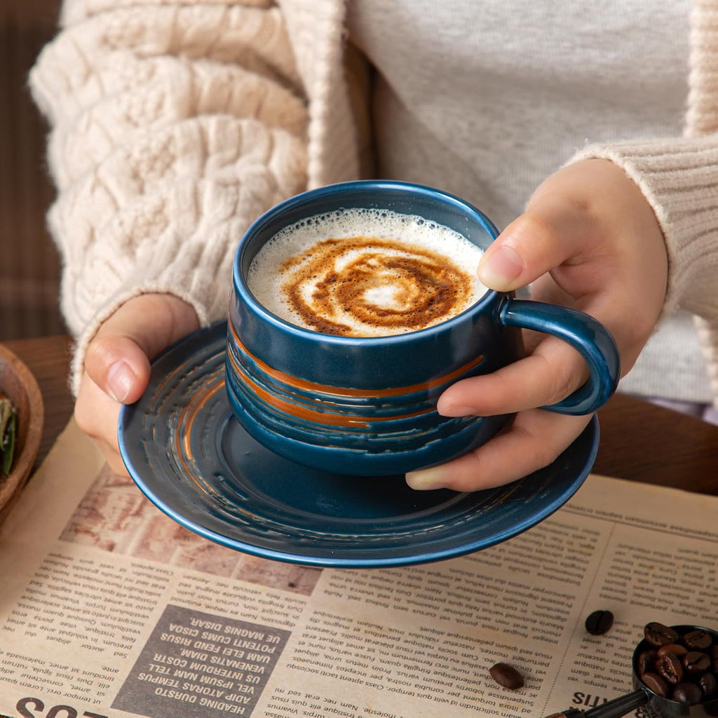 YUN TAO 8 oz Stoneware Cappuccino Cups with Saucers, Set of 4, European‑Style Small Coffee Mugs for Latte Art