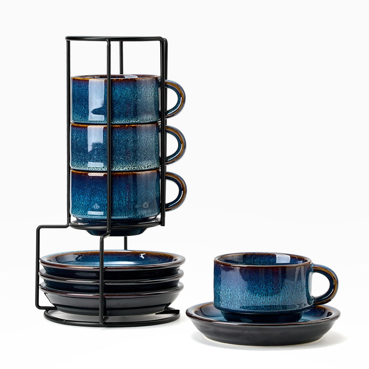 JIEMEI HOME Porcelain Stackable Espresso Cups with Saucers and Metal Stand, 4 Ounce Demitasse Cups for Specialty Coffee Drinks, Latte, Tea Set of 4, Stackable Espresso Mugs, Kiln Tide Glaze
