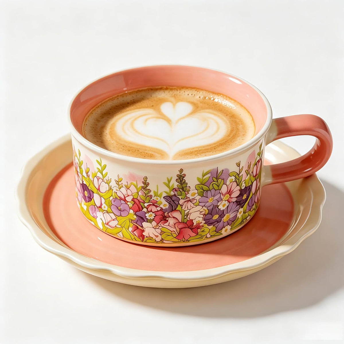8.45oz Ceramic Tea Cup with Saucer, Pink Vintage Floral Coffee Cup Mug Set, Large Porcelain Cup for Tea Coffee Cappuccino, Gift for Women Mom