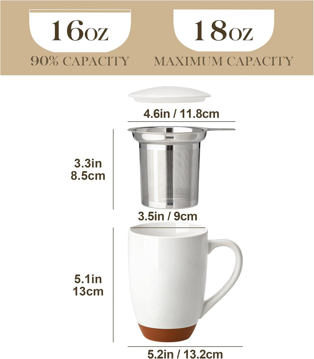 MALACASA Ceramic 18 oz Tea Mug with Lid and Infuser, Khaki White