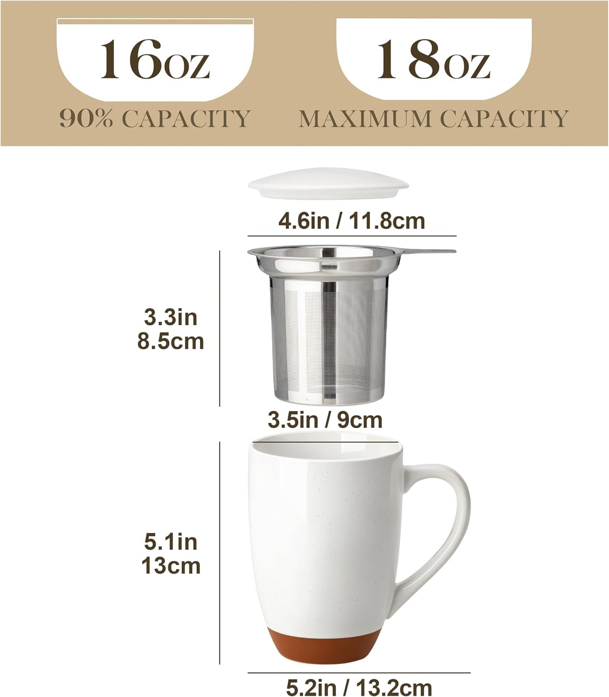 MALACASA Ceramic 18 oz Tea Mug with Lid and Infuser, Khaki White