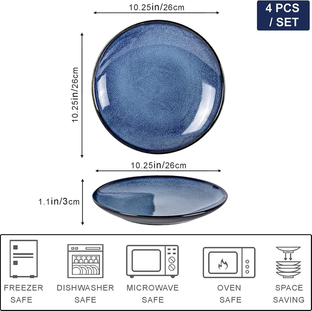 UNICASA Ceramic Dinner Plates Set of 4, Porcelain 10.25 Inch Pasta Plate Set, Reactive Glaze Serving Dishes for Steak, Salad, Pizza, Dishwasher & Microwave Safe (Blue)
