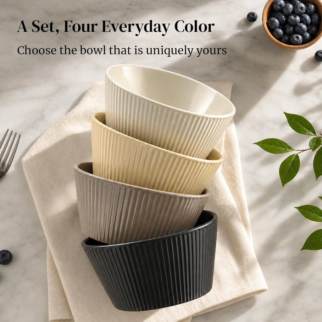 DOWAN 22 OZ Cereal Bowls Set of 4, Ceramic Soup Bowls for Cereal, Ramen, Oatmeal and Pasta, Fluted & Stackable Bowls, Microwave & Dishwasher Safe, Earth Tones