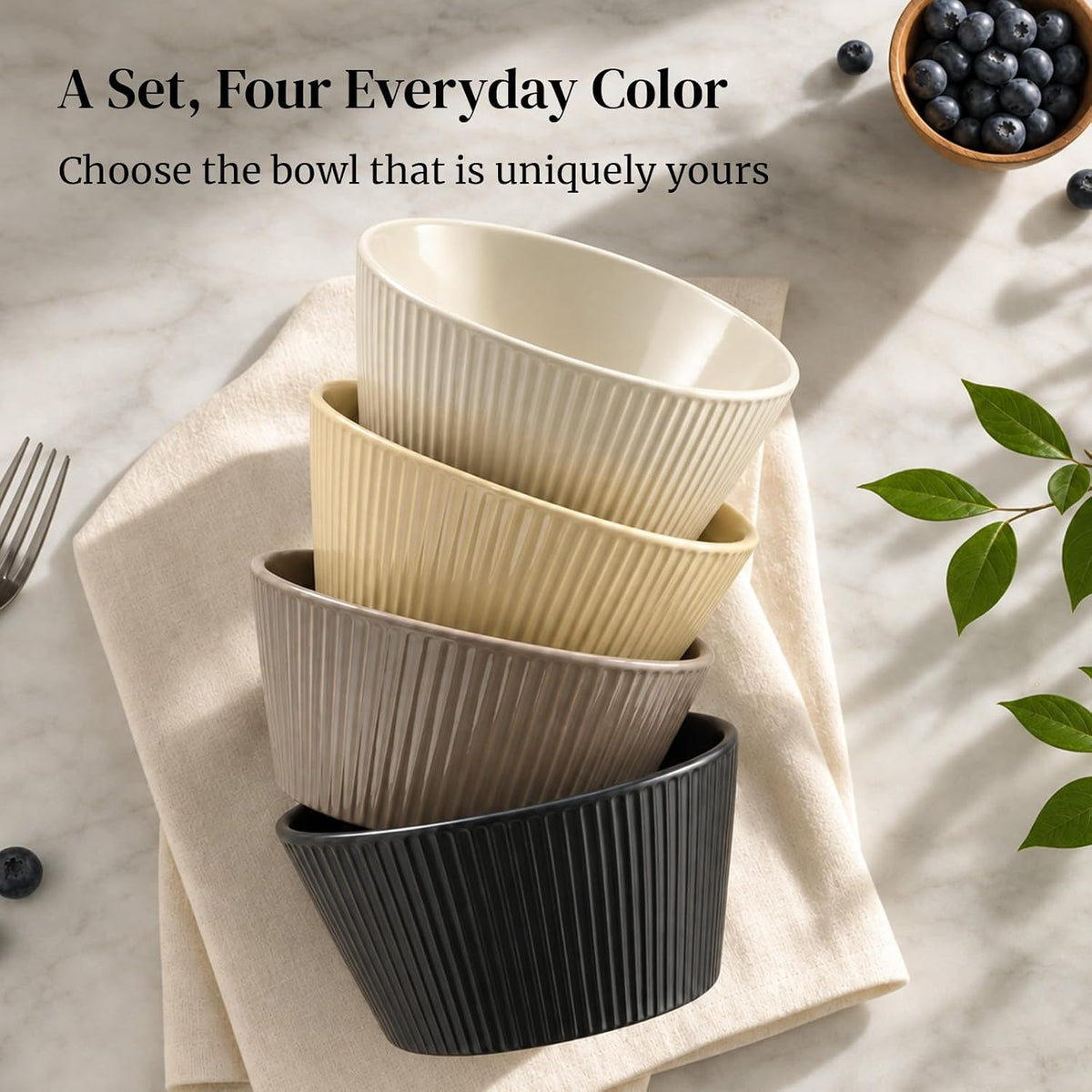 DOWAN 22 OZ Cereal Bowls Set of 4, Ceramic Soup Bowls for Cereal, Ramen, Oatmeal and Pasta, Fluted & Stackable Bowls, Microwave & Dishwasher Safe, Earth Tones