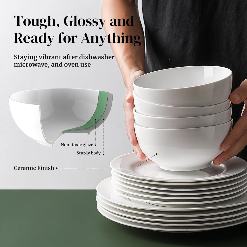 DOWAN 22 OZ White Ceramic Bowls Set of 4 - Perfect for Soup Bowls for Kitchen, Cereal Bowl, Ramen Bowl, Microwave Safe for Oatmeal, Fruit,Salad and Rice Bowl - Dishwasher & Microwave Safe