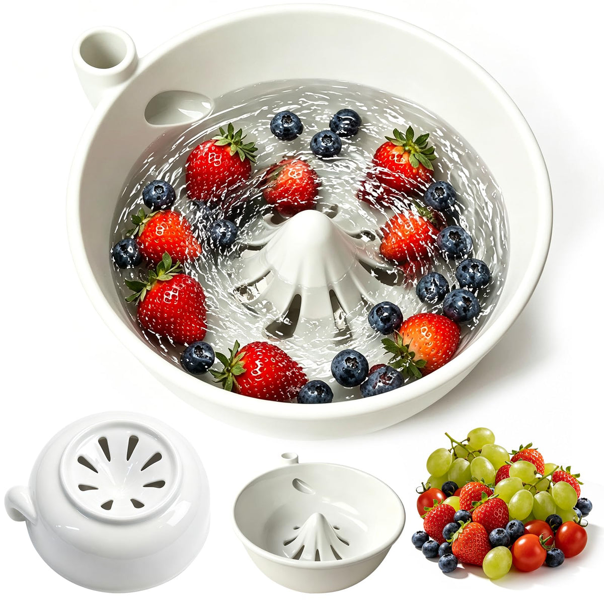 Ceramic Berry Washing Bowl with Auto-Spin Swirl Drainage