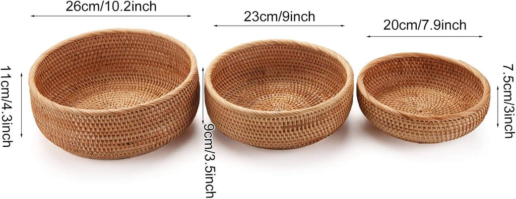 Round Rattan Fruit Baskets Woven Storage Bowls Key Holder Stackable for Shelf Kitchen Tabletop Natural Set of 3