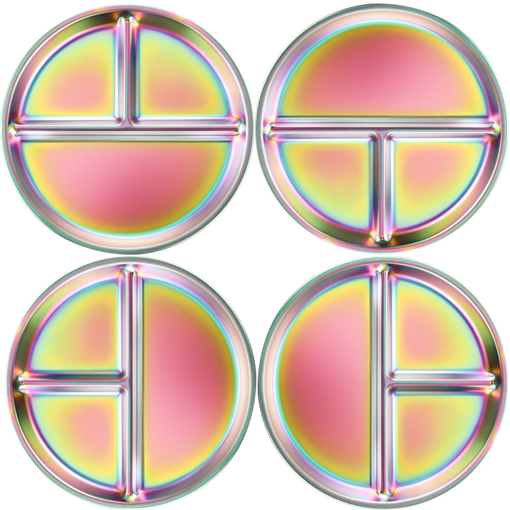 Bakpoco Stainless Steel Kids Plates Set of 4, 9" Portion Control Plates Divided Plate for Adults Toddlers Balance Lunch, Bariatric & Diabetic Diet, Non Toxic Camping Metal Snack Plate for Eating