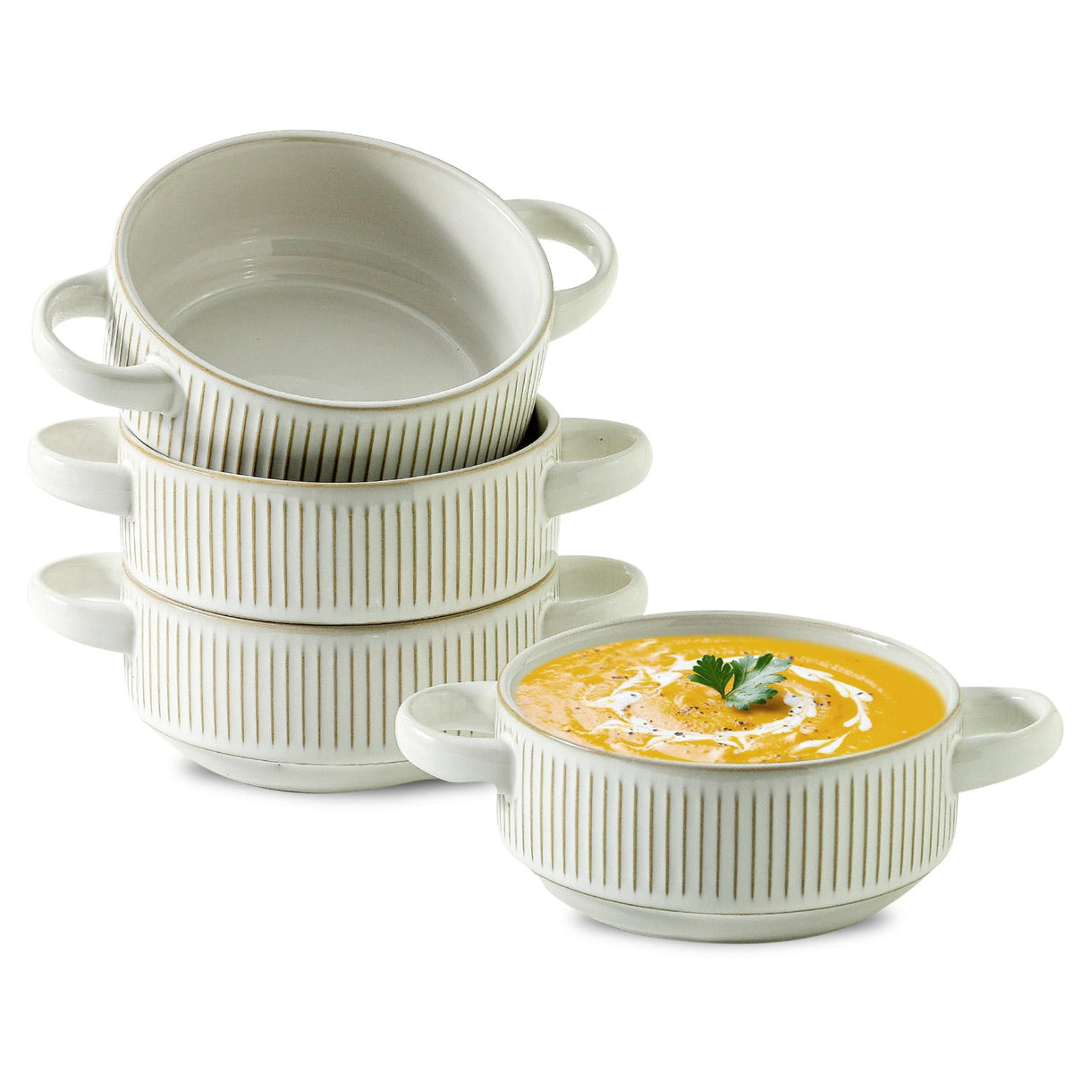 Soup Bowls with Handles, 23 oz French Onion Soup Crocks, Stackable Soup Bowl Oven Safe for Chili, Beef Stew, Embossment Ceramic Bowl Set - 5.4 Inch, Set of 4,Black