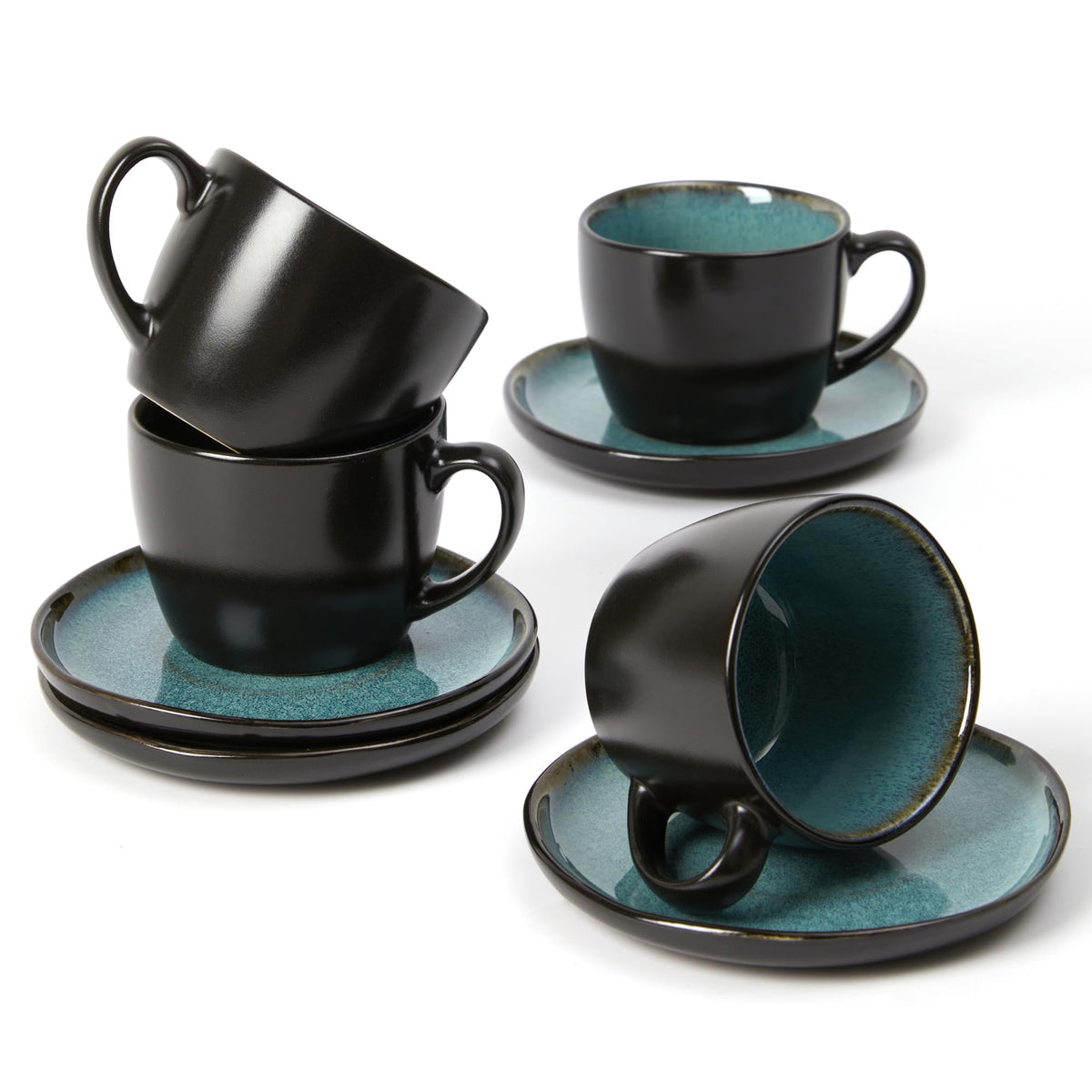Pokini Stoneware Coffee Cups with Saucers, Cappuccino Cups, Mugs Set of 4