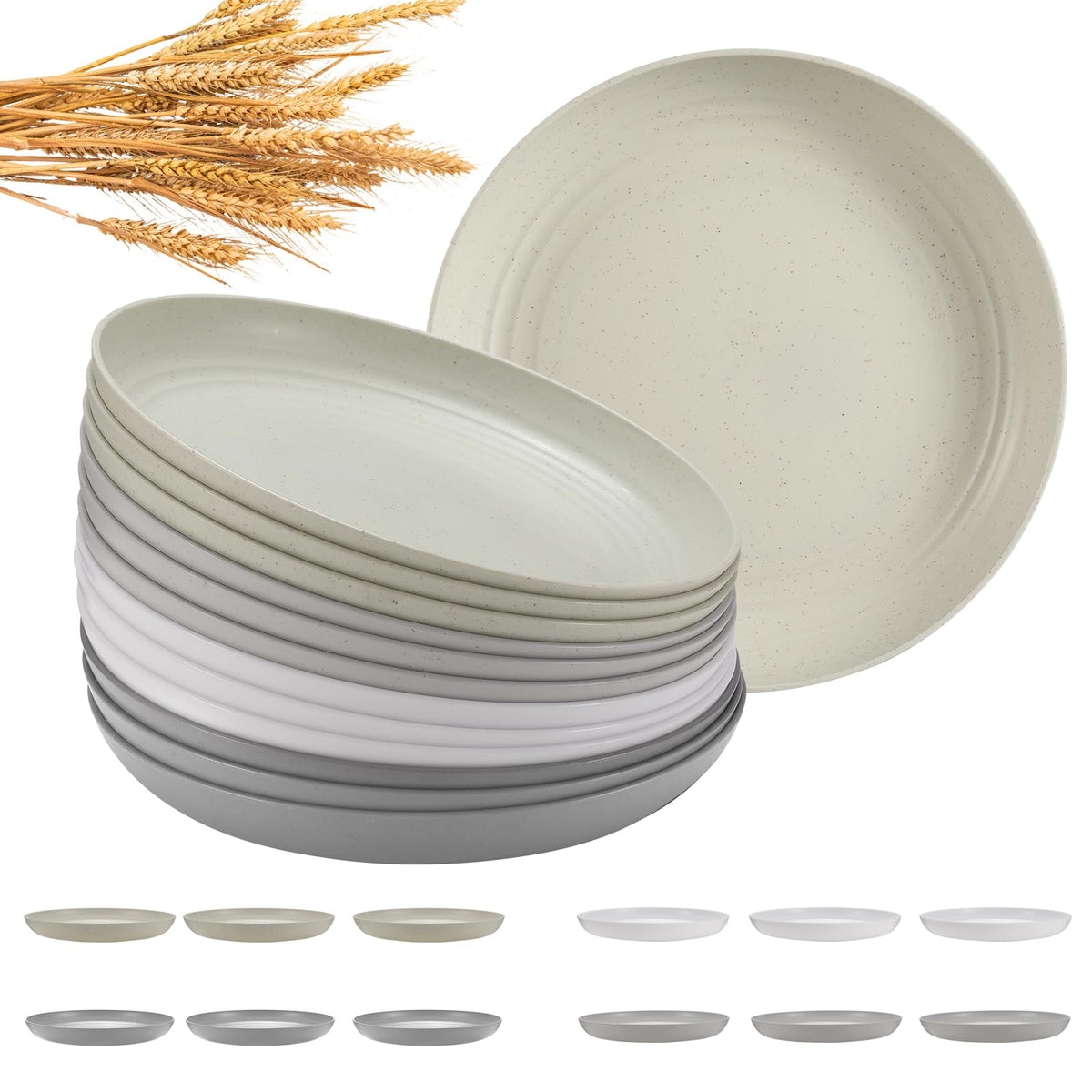 HEYCOME 12 Pcs Unbreakable Deep Dinner Plates Set, 10 inch Reusable Plastic Wheat Straw Plates, Microwave and Dishwasher Safe Plate for Kitchen, Lightweight Plate for Dessert, BPA Free, Dark Green