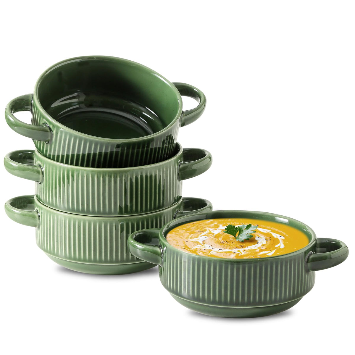 Soup Bowls with Handles, 23 oz French Onion Soup Crocks, Stackable Soup Bowl Oven Safe for Chili, Beef Stew, Embossment Ceramic Bowl Set - 5.4 Inch, Set of 4 (Green)
