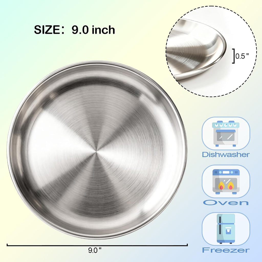 AWTBDP Stainless Steel Plates, 4PCS 9 Inch Metal Plate for Serving Dishes