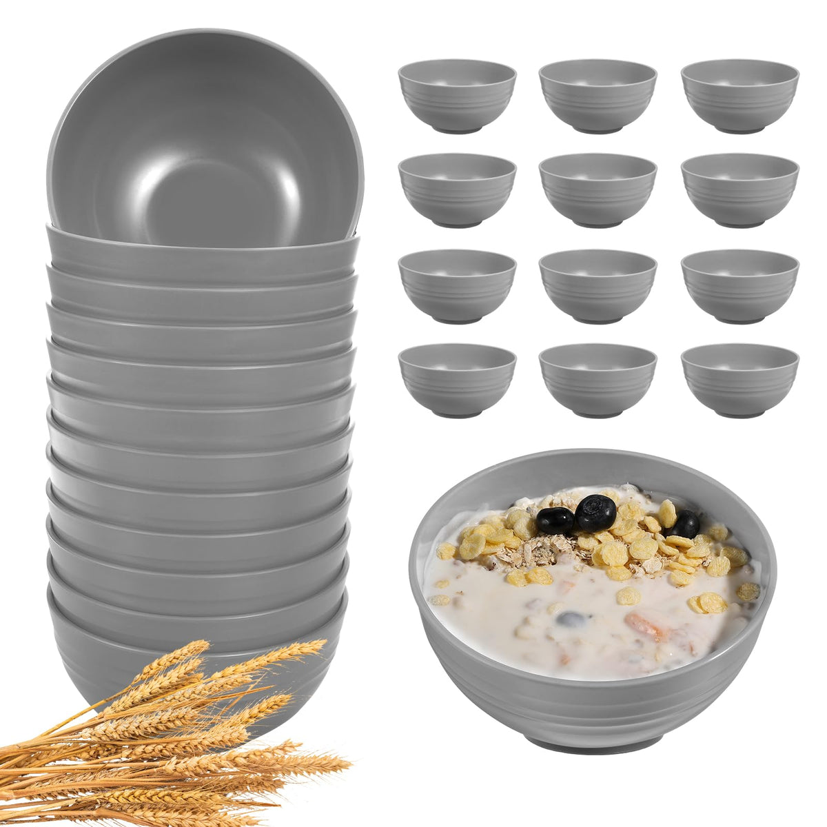 HEYCOME 12 Pcs Unbreakable Cereal Bowls Set, 26 Oz Wheat Straw Bowls Set, Microwave & Dishwasher Safe Rice Bowls for Kitchen, Reusable Plastic Bowls for Soup, Salad and Snack, BPA Free, Multicolor