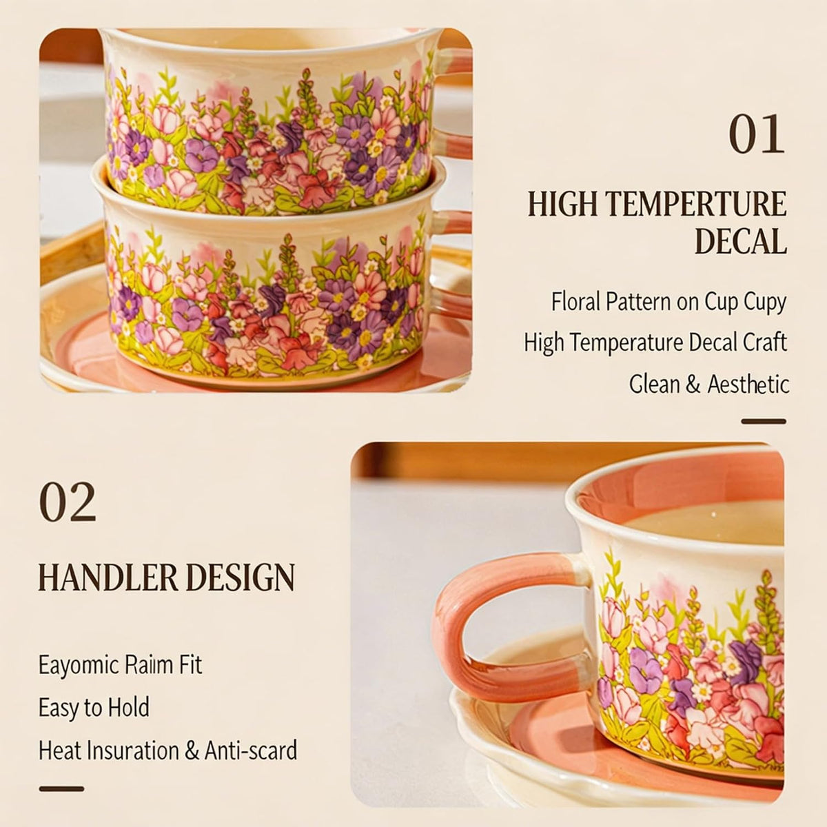 8.45oz Ceramic Tea Cup with Saucer, Pink Vintage Floral Coffee Cup Mug Set, Large Porcelain Cup for Tea Coffee Cappuccino, Gift for Women Mom