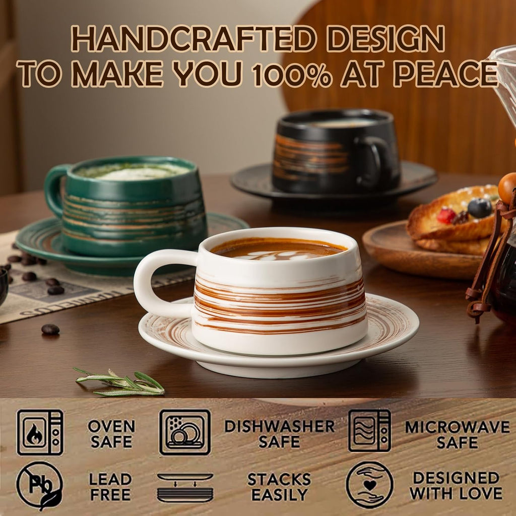 YUN TAO 8 oz Stoneware Cappuccino Cups with Saucers, Set of 4, European‑Style Small Coffee Mugs for Latte Art