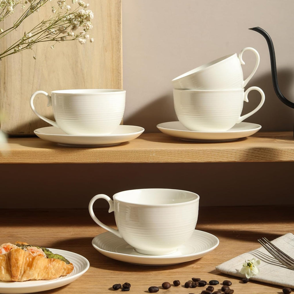 12 oz Cappuccino Cups with Saucers, Ceramic Coffee Cups Set of 4, White Latte Cup and Saucer, Elegant Tea Mugs Set, Microwave Dishwasher Safe Drinkware for Cafe, Housewarming Gift