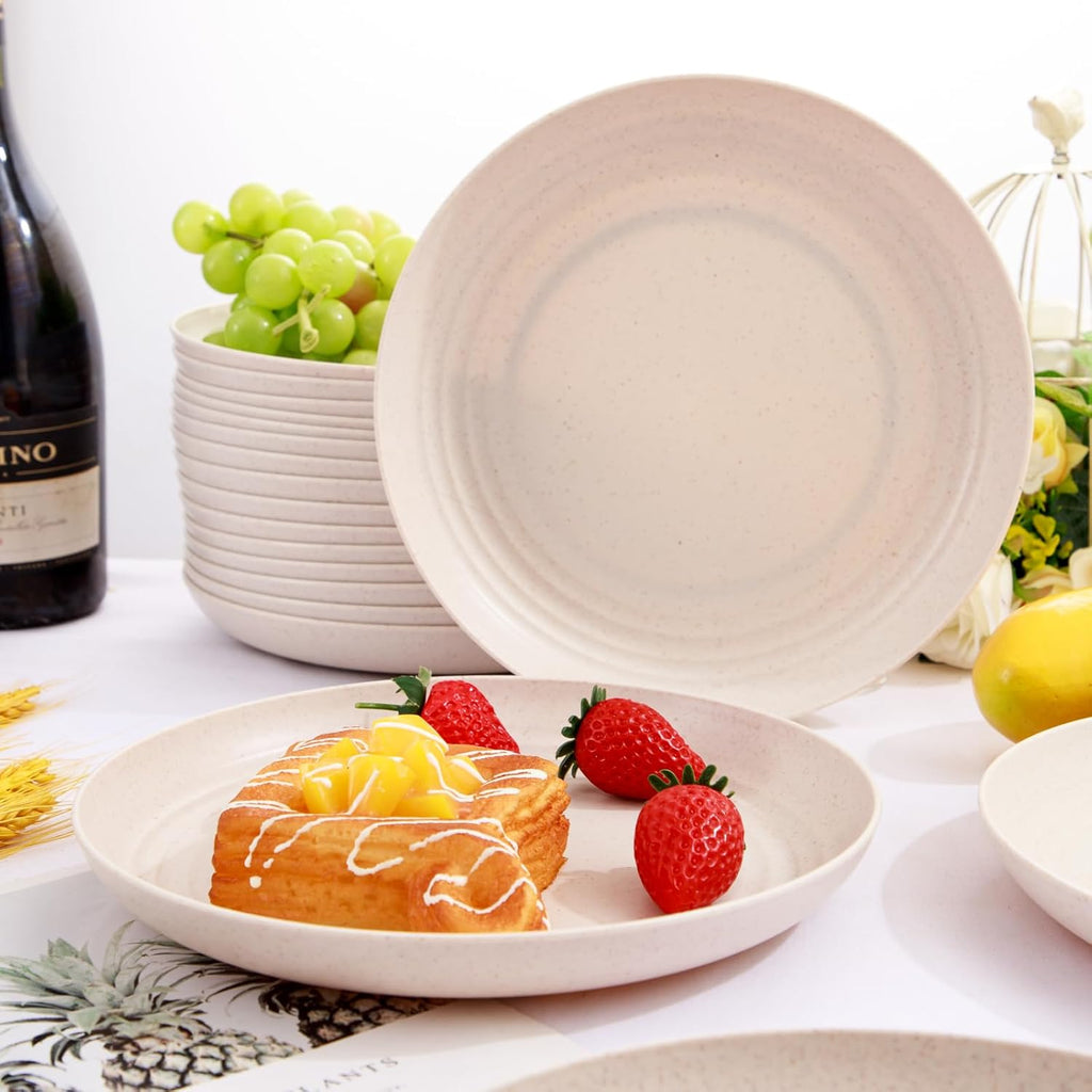 LIYH 20 Pcs 9 Inch Wheat Straw Plastic Plates Reusable for Dinner - Beige
