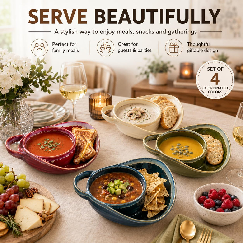 Soup and Sandwich Bowl, New Soup and Sandwich Plate Combo, Soups and Bread Bowl Combo for Breakfast Cookies Bread Salad Fruits (White)