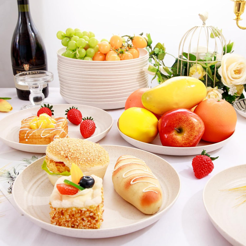 LIYH 20 Pcs 9 Inch Wheat Straw Plastic Plates Reusable for Dinner - Beige