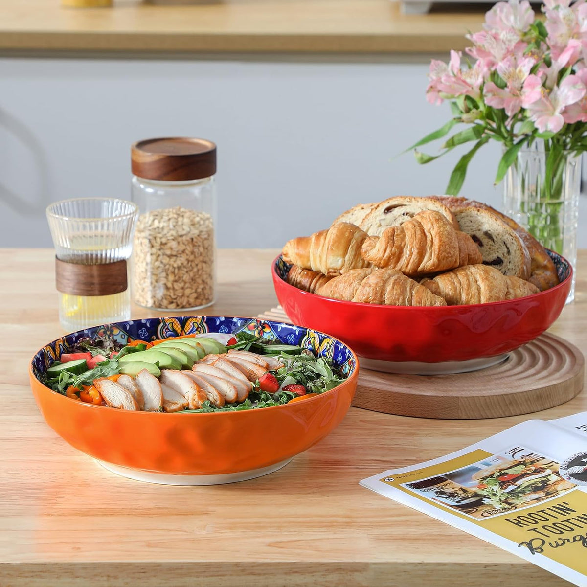 vancasso Large Serving Bowls, 78 Oz Extra Large Salad Bowls Set of 2, Bohemian Decorative Bowls for Salad, Fruit, Pasta and Dinner, Serving Dishes Set for Party, Dishwasher & Microwave Safe－02, Red
