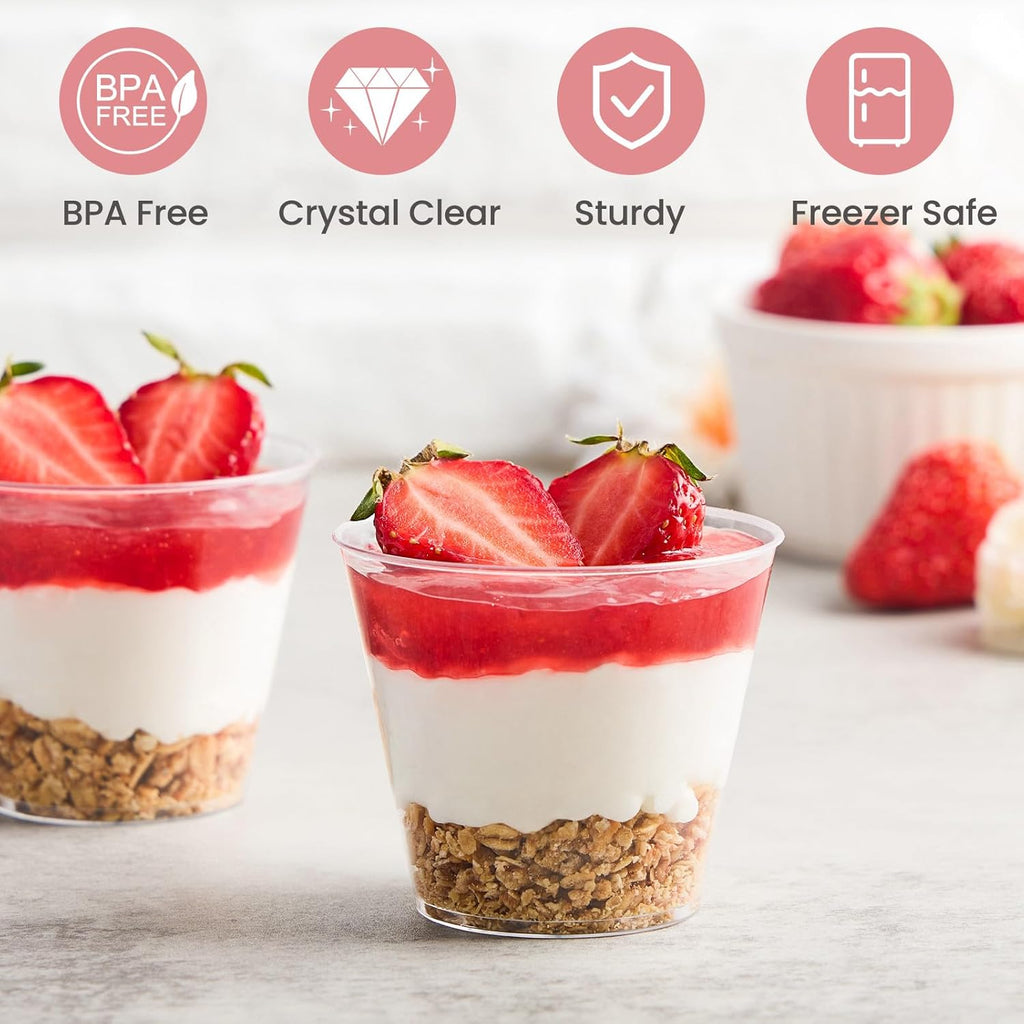 50 Pack 5 oz Plastic Dessert Cups with Spoons, Mini Mousse Cup Round Pudding Cups Party Serving Bowl for Cocktails Appetizers Fruit Parfait and Trifle