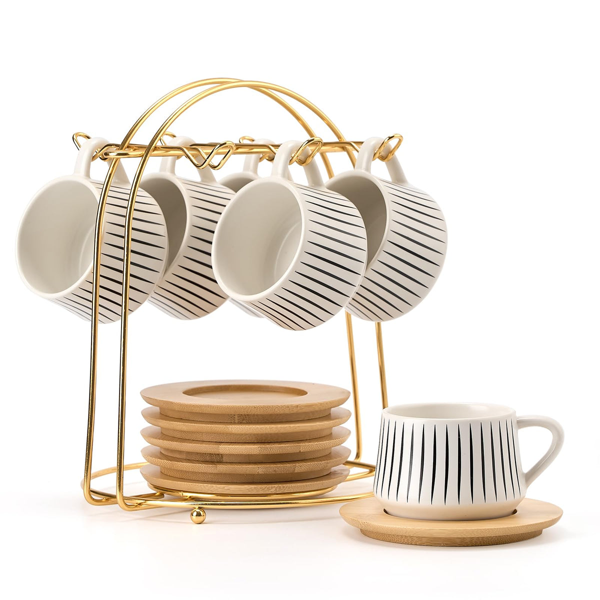 LUKA Ceramic Coffee Espresso Cups with Saucers Set with Metal Holder, 4.4 oz Porcelain Demitasse Cups For Tea, Espresso, Latte, Coffee, Cafe Mocha, Set of 6, White