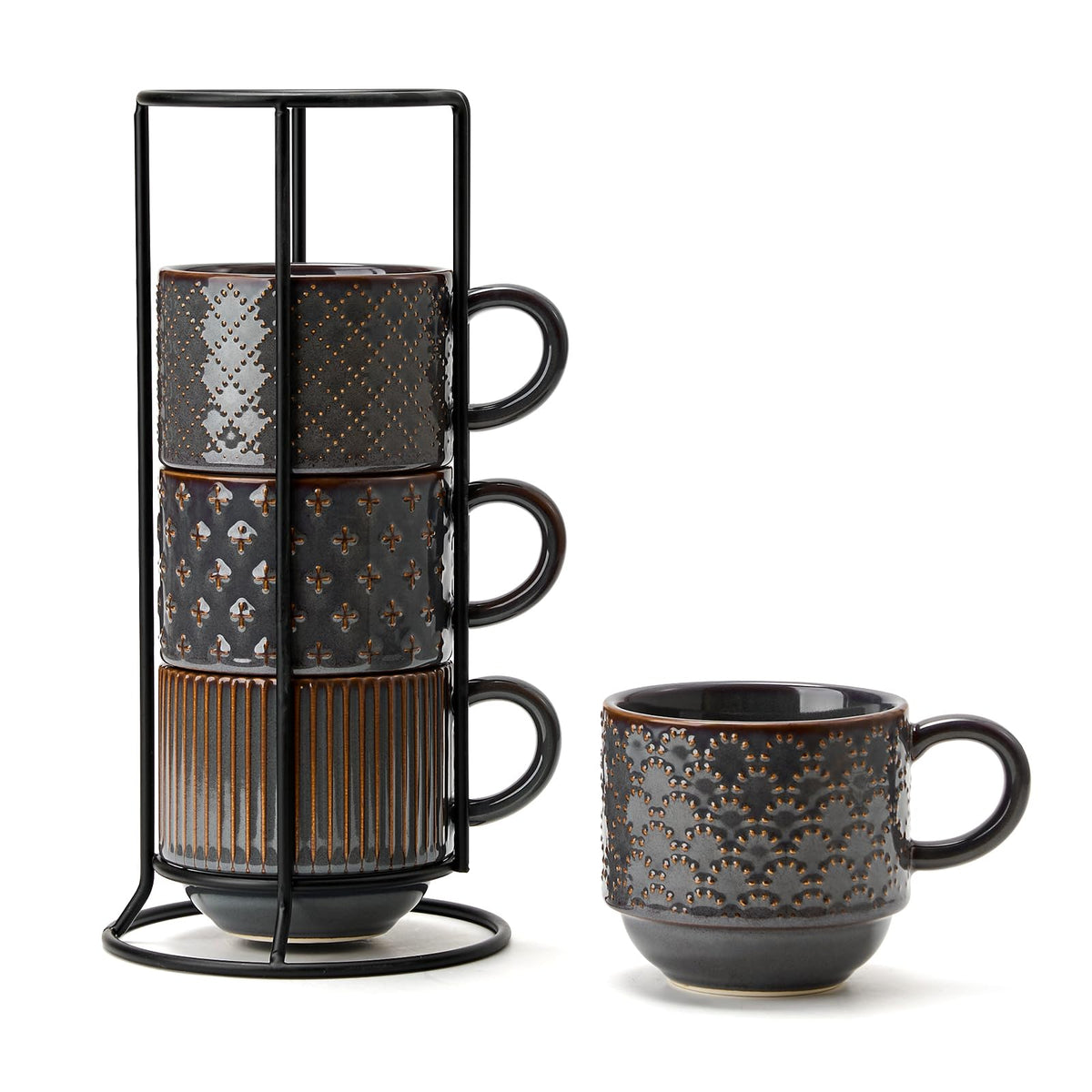 Large Ceramic Coffee Mug Set of 4 with Stand, 15 Oz Stackable Different Embossment Ribbed Latte Cup Set for Cappuccino, Tea, Hot Cocoa, Drinks - Dishwasher & Microwave Safe, Blue