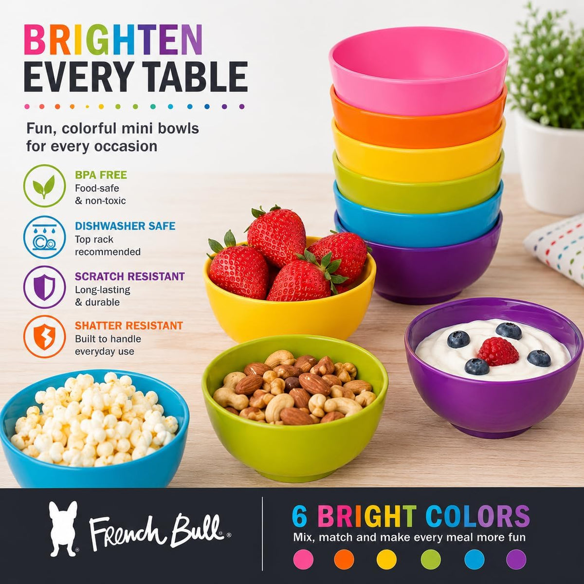 French Bull Melamine Mini Bowls, 10 oz, Set of 6, Multicolor
