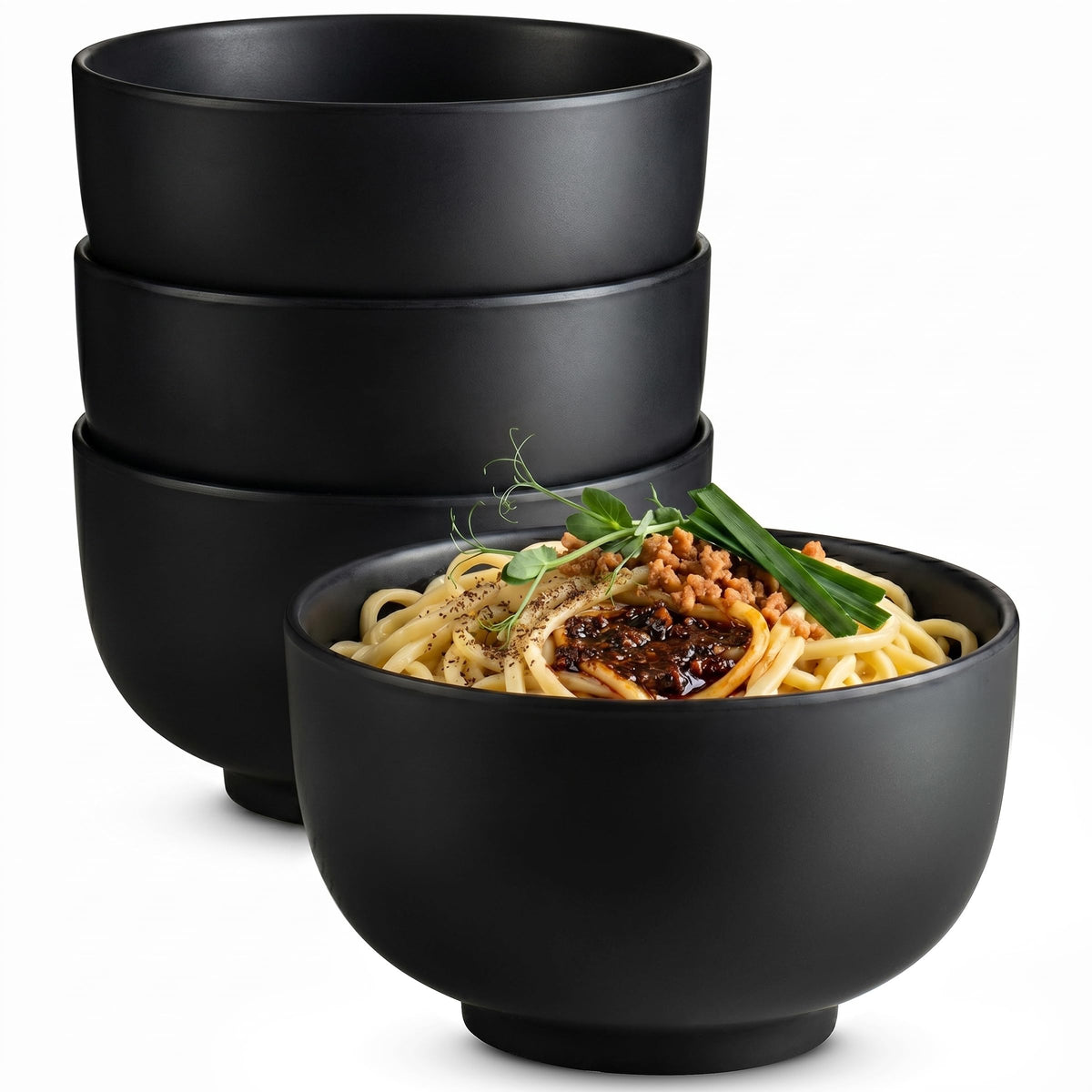 KooK Ceramic Japanese Noodle Bowl Set, 34 oz, Set of 4, Black/Red