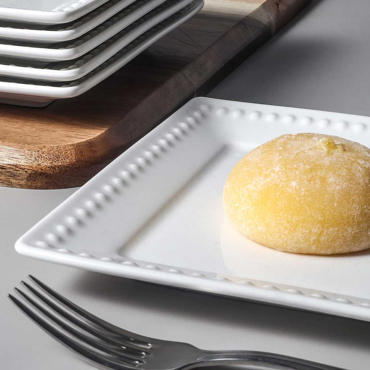 Embossed Ceramic Appetizer & Dessert Plates - Set of 6, 6 inch White Square Dinner Plates for Snack & Restaurant, Dishwasher & Microwave Safe