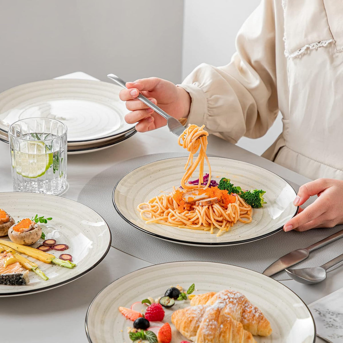 Bonbon Dinner Plates Set of 6, 10.5 Inch Ceramic Dinner Pasta Plates, Large Dinnerware Plate for Kitchen, Microwave & Dishwasher Safe Serving Bowls, Beige