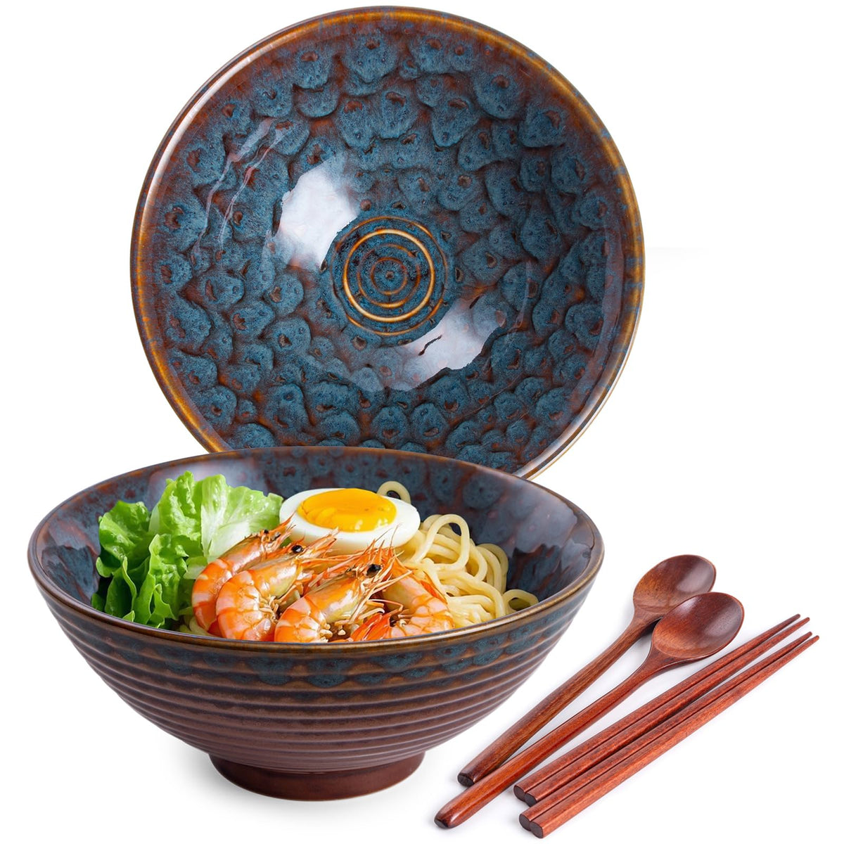 Ceramic Japanese Ramen Bowl Set, 2 Sets Asian Pho Udon Soup Noodle Bowls with Spoons and Chopsticks (Peacock Green, 8 inches)