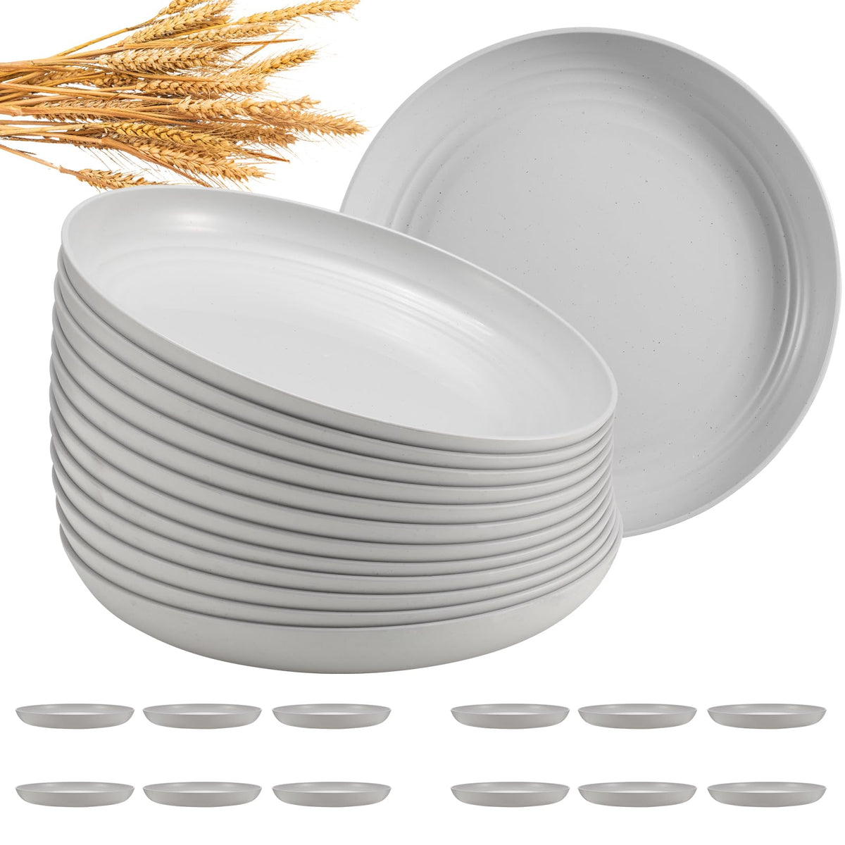 HEYCOME 12 Pcs Unbreakable Deep Dinner Plates Set, 10 inch Reusable Plastic Wheat Straw Plates, Microwave and Dishwasher Safe Plate for Kitchen, Lightweight Plate for Dessert, BPA Free, Dark Green