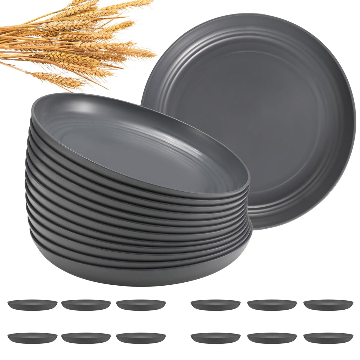 HEYCOME 12 Pcs Unbreakable Deep Dinner Plates Set, 10 inch Reusable Plastic Wheat Straw Plates, Microwave and Dishwasher Safe Plate for Kitchen, Lightweight Plate for Dessert, BPA Free, Dark Green