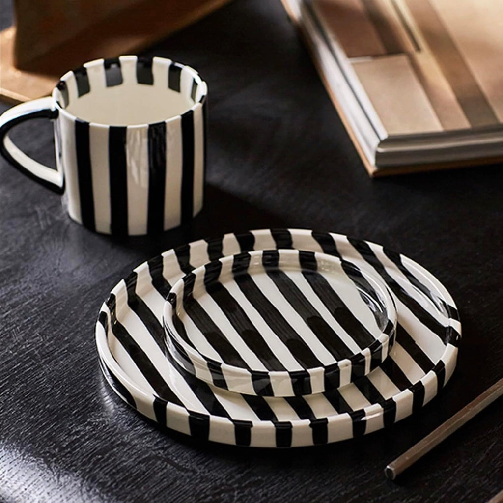 Small 8oz Stylish Handmade Striped Coffee Mug Espresso Cups With Saucer, Hand painted Esthetical Ceramic Cappuccino Mugs, Glazed Tea/Coffee Cup, Microwave safe tea cup with handle (Black)