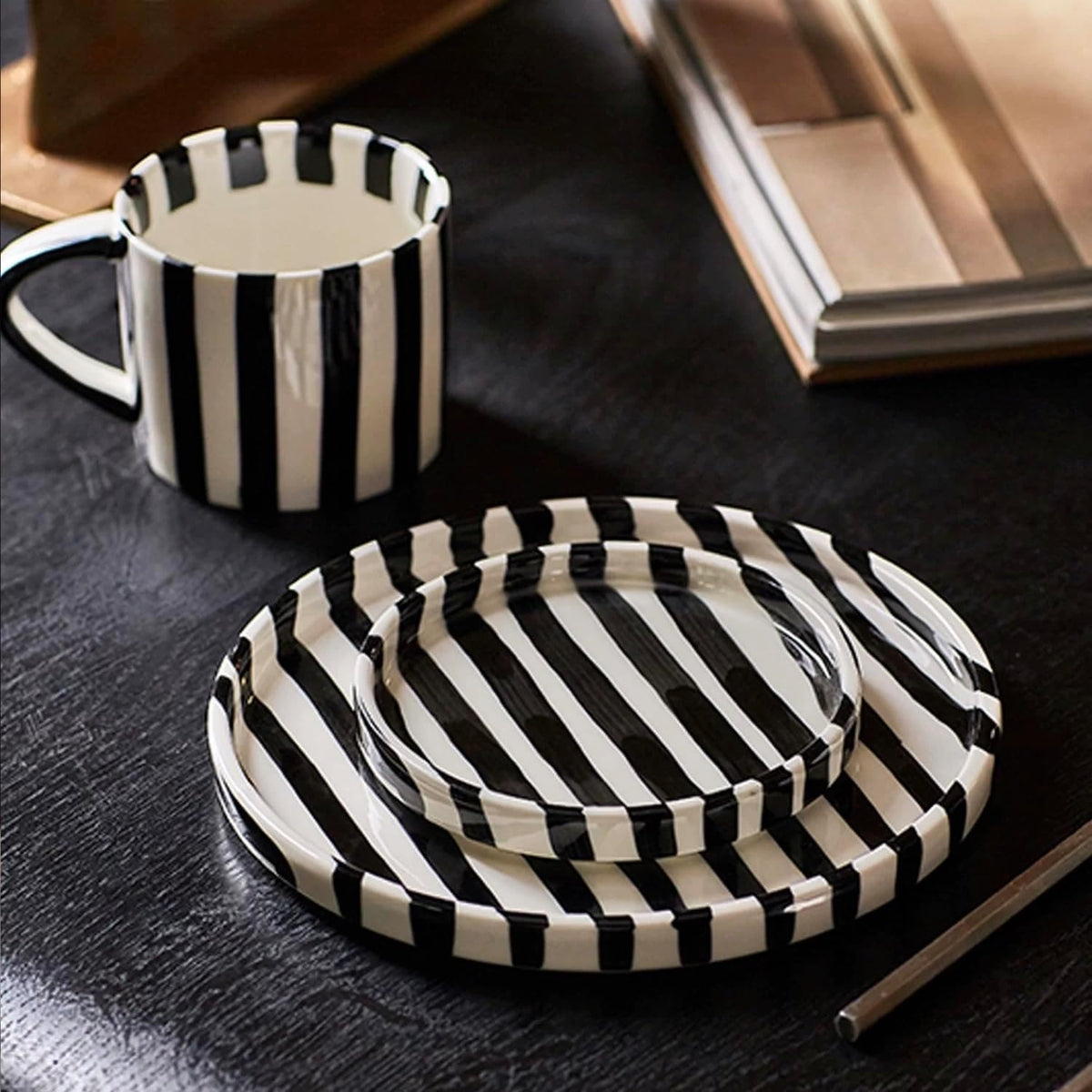 Small 8oz Stylish Handmade Striped Coffee Mug Espresso Cups With Saucer, Hand painted Esthetical Ceramic Cappuccino Mugs, Glazed Tea/Coffee Cup, Microwave safe tea cup with handle (Black)