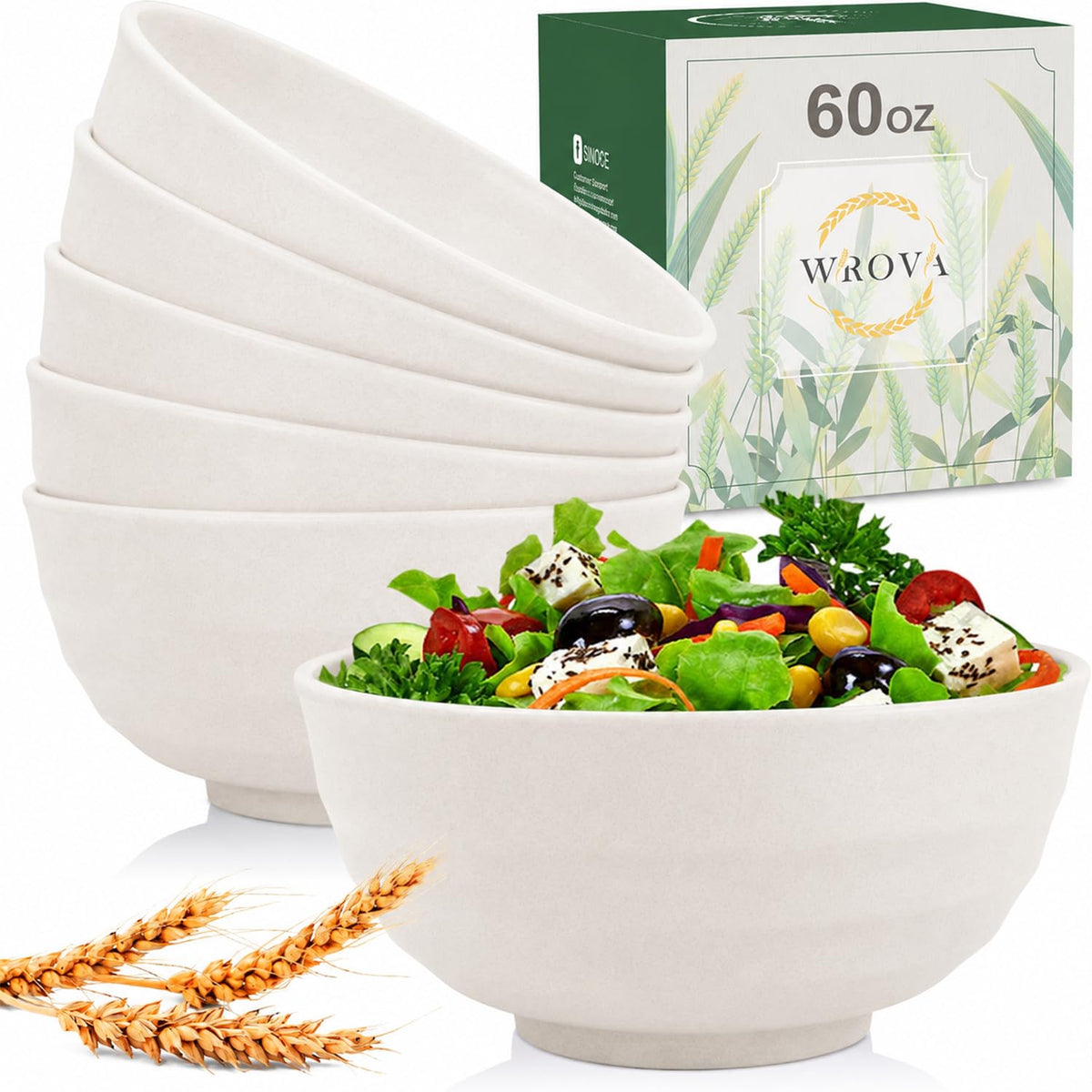 Wrova Wheat Straw Bowls Set 60 OZ Unbreakable Large Cereal Bowls Set of 6 Microwave and Dishwasher Safe Bowls Big Bowls for Camping and Picnic BPA Free Soup Bowl for Serving Oatmeal and Salad. Black
