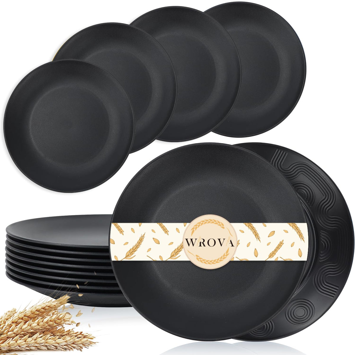 Wrova White Plastic Plates 10 Inch, Reusable Wheat Straw Plates Set of 8