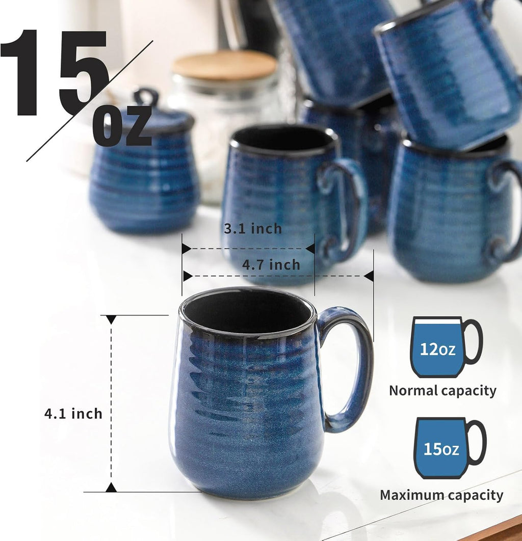 HASENSE Coffee Mugs, 15 Ounce Ceramic Coffee Mug Set of 6, Reactive Glaze Tea Cups with Handle for Milk, Hot Cocos, Latte, Stylish Blue Cup Gift for Man and Women, Dishwasher and Microwave Safe