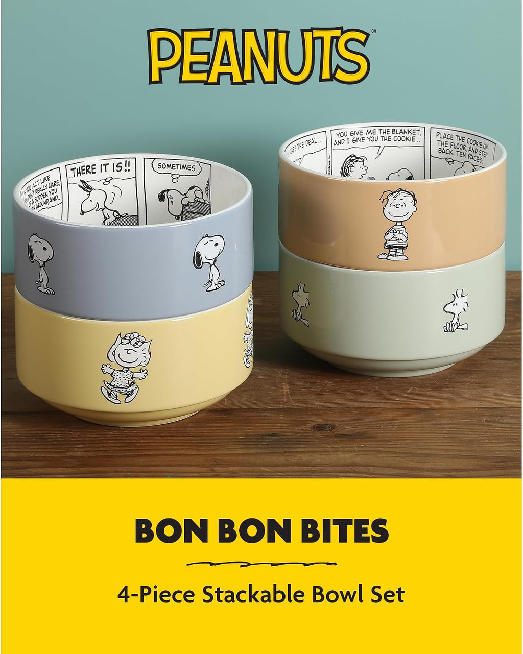 Peanuts Snoopy Bonbon Bites 4-Piece 5.5-Inch Decorated Stoneware Ceramic Stackable Bowl Set, Microwave & Dishwasher Safe Snack and Dessert Bowls