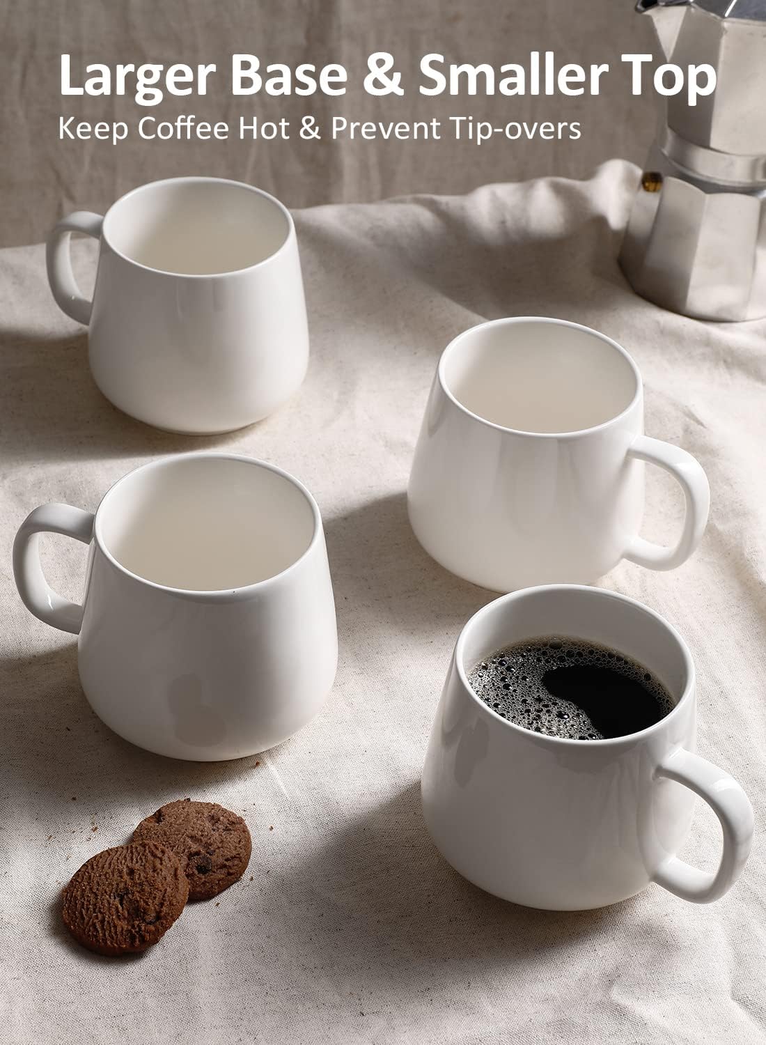 Teocera Coffee Mugs Set of 4-12oz Chip-Resistant Ceramic Cups with Ergonomic Handle | Dishwasher & Microwave Safe White Mugs | Keeps Beverage Hot, Perfect for Family Kitchen & Holiday Gifts