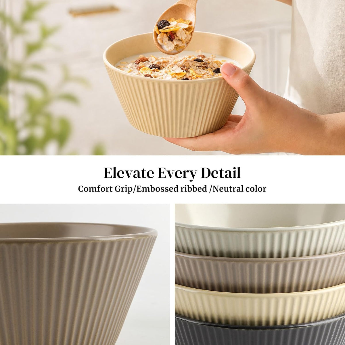 DOWAN 22 OZ Cereal Bowls Set of 4, Ceramic Soup Bowls for Cereal, Ramen, Oatmeal and Pasta, Fluted & Stackable Bowls, Microwave & Dishwasher Safe, Earth Tones