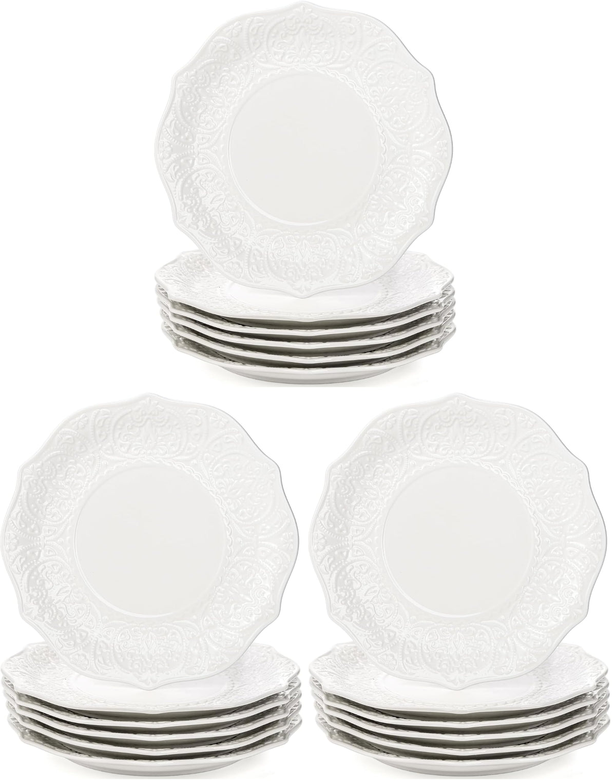 SOUJOY Set of 6 Salad Plate, 8 Inch Porcelain Dessert Serving Plates, Embossed Printing Small Dinner Dish for Pancakes, Steak, Microwave, Dishwasher Safe