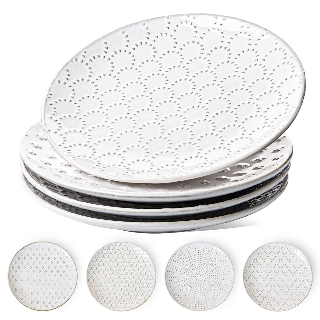 LE TAUCI Ceramic Dinner Plates Set of 4, 10 Inch Large White Plate Set for Kitchen, Microwave & Dishwasher Safe Dinnerware Sets, Scratch Resistant Serving Plates for Steak, Pasta - Embossed, White